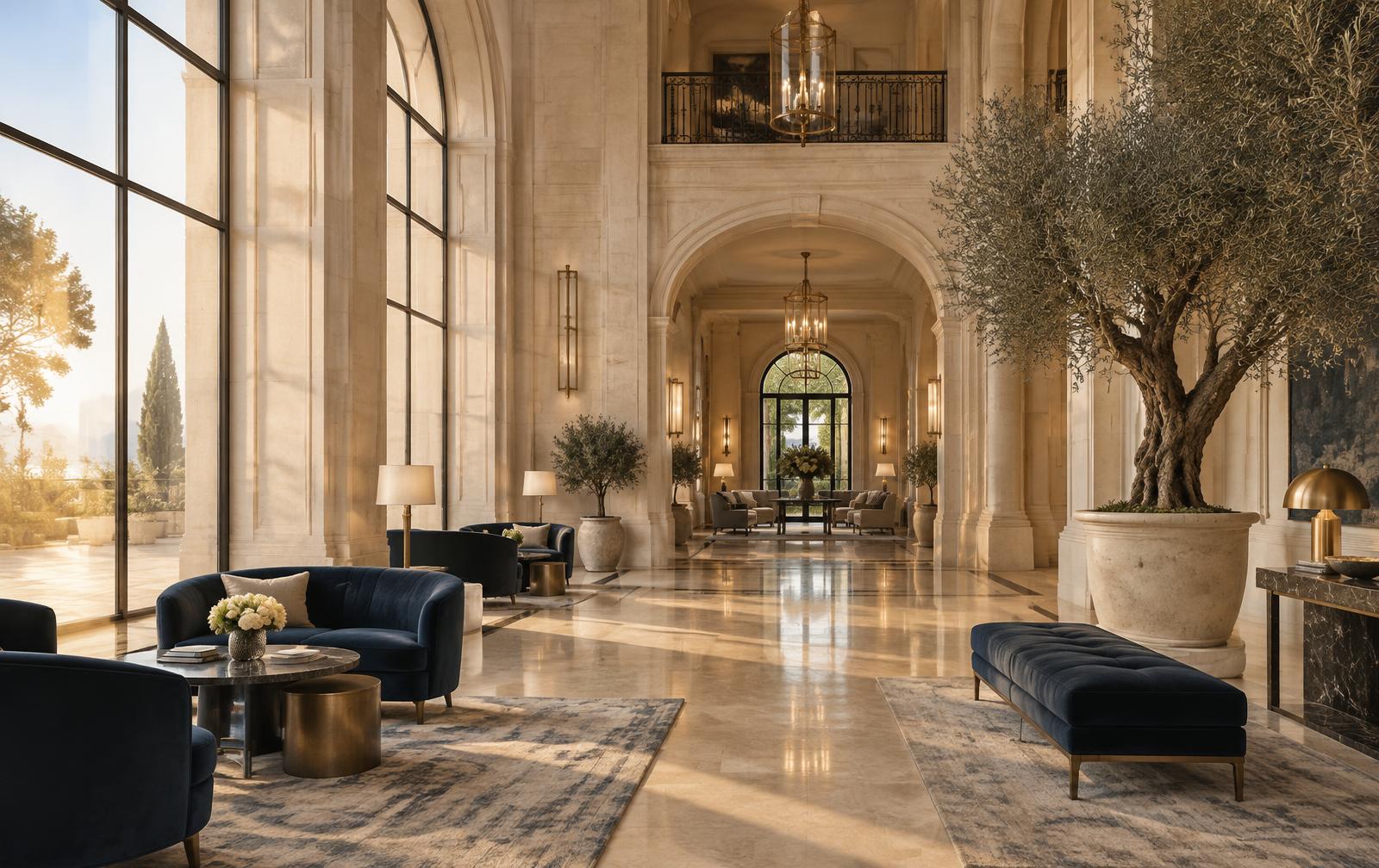 Sunlit grand hotel lobby